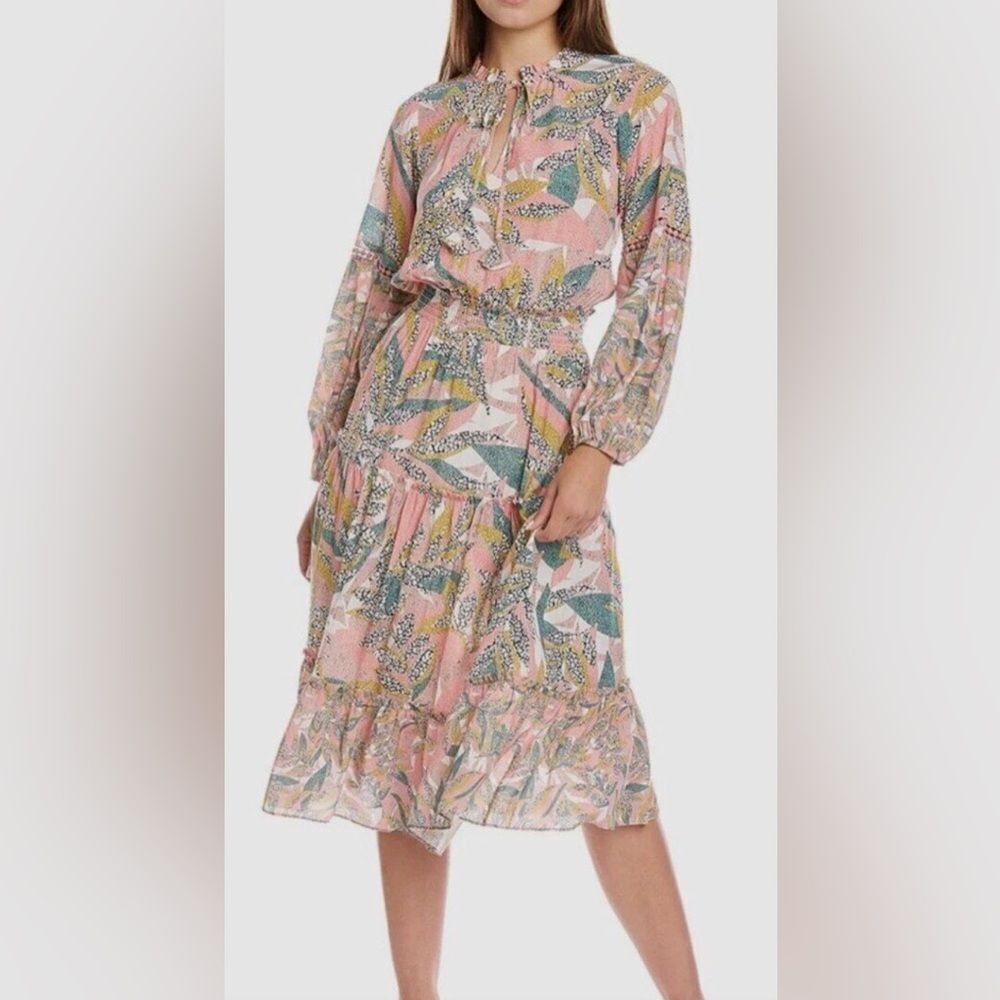 Women’s SHOSHANNA Anthropologie Aria Tiered Balloon Sleeve Midi Dress Size 10 D2